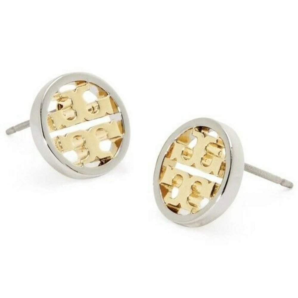 Tory Burch Two Tone Logo Circle Stud Earrings